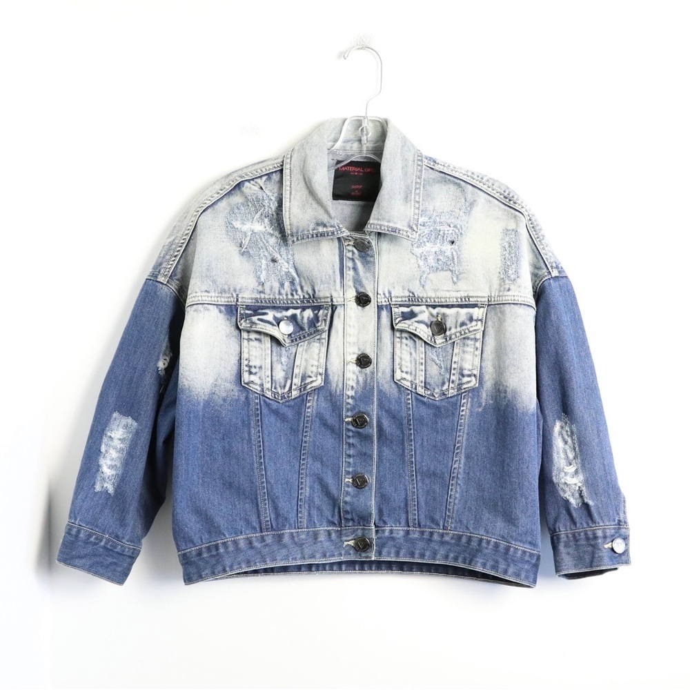 Material Girl oversized denim jacket distressed ombre 3/4 sleeves M blue cotton